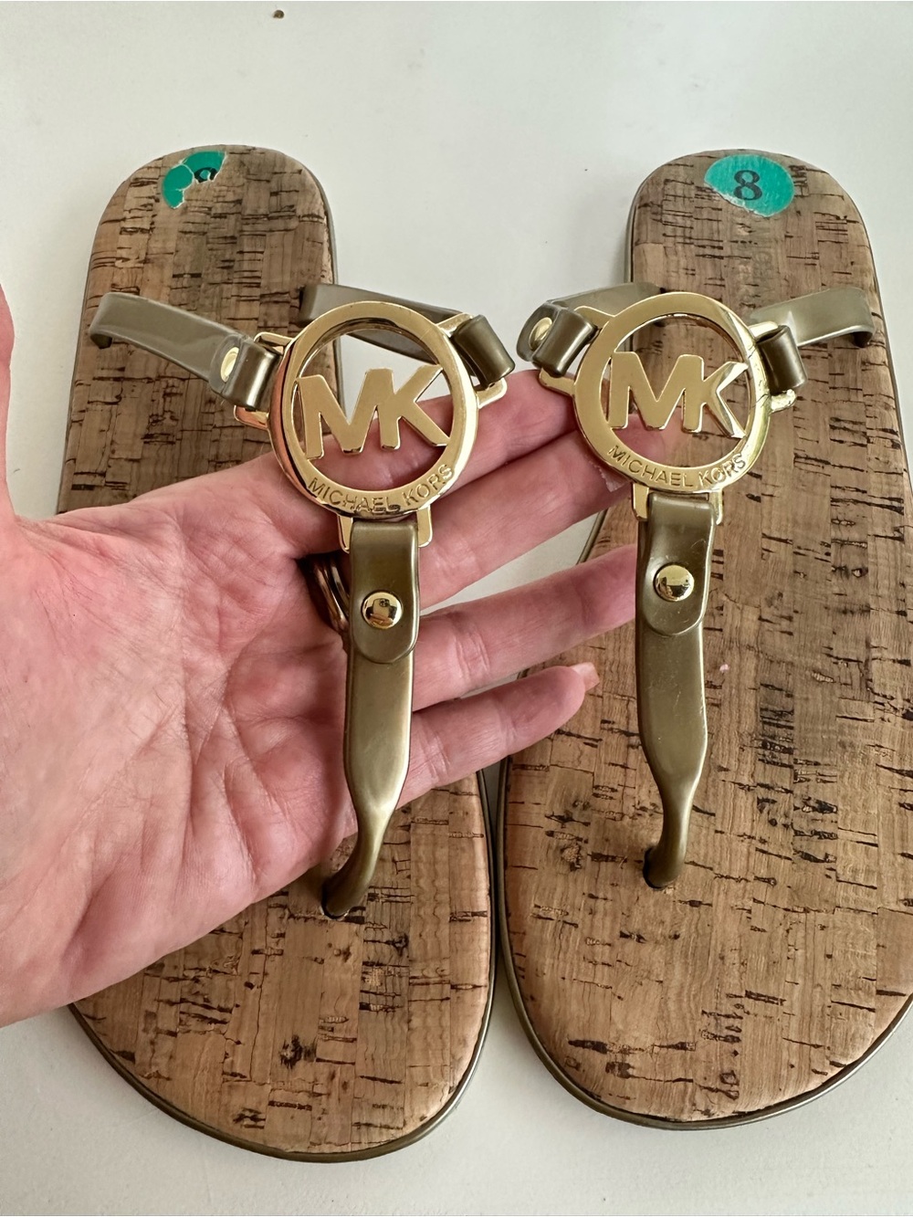 Michael Kors Women’s Gold MK Logo Cork-Effect Thong Sandals